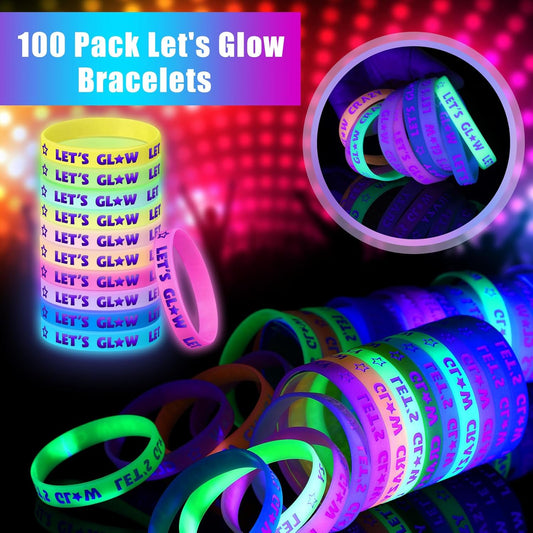 Karenhi 100 Pcs Glow in the Dark Bracelets Neon Party Favors Let's Glow Silicone Bracelet Crazy Bracelet Light up Wristbands for Neon Party Concerts Sports Parties Night Favors, 10 Styles