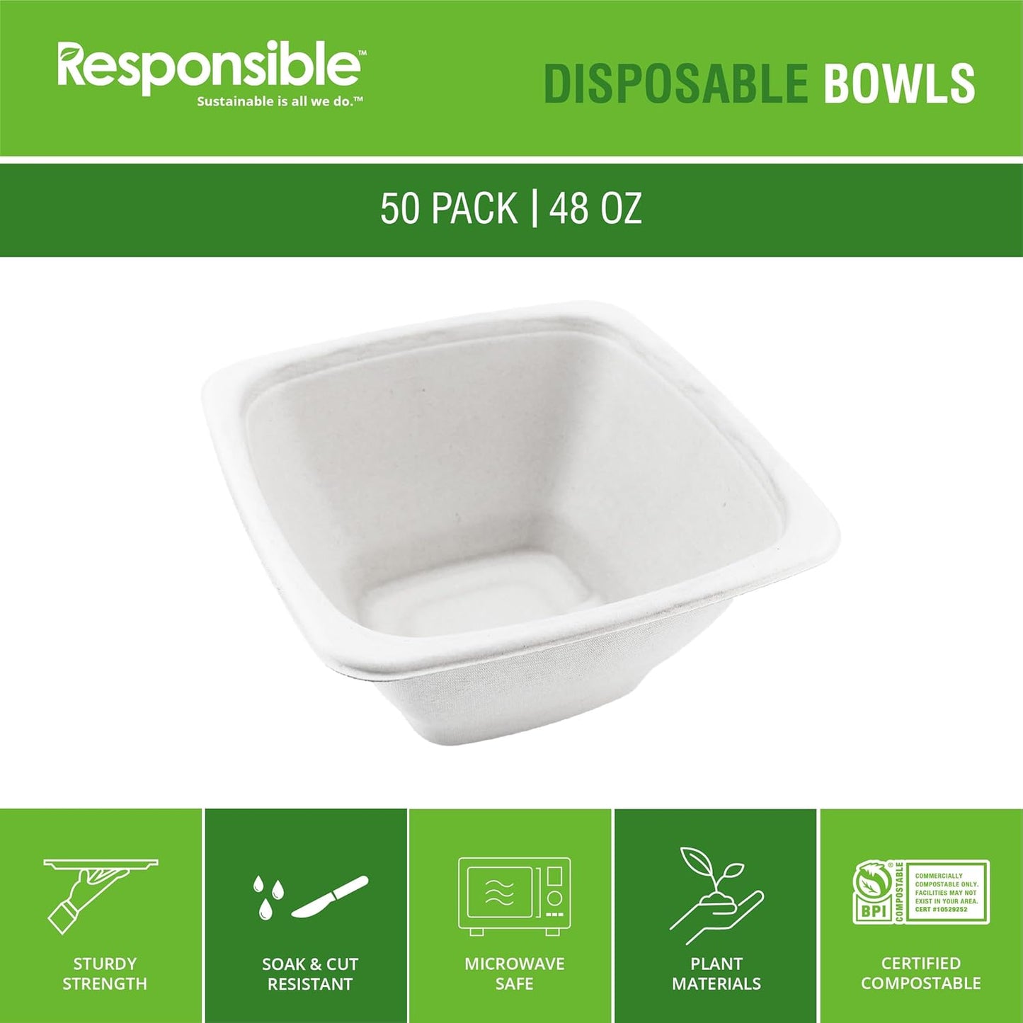 Responsible Products 100% Compostable Square Serving Bowls, 48 oz Disposable Paper Bowls, Microwave Safe, Freezer Safe, Soup Safe, No Plastic, Eco-Friendly, Tree-Free, No PFAS. White (50 Count)