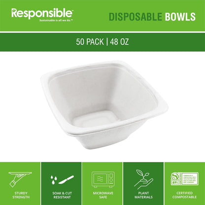 Responsible Products 100% Compostable Square Serving Bowls, 48 oz Disposable Paper Bowls, Microwave Safe, Freezer Safe, Soup Safe, No Plastic, Eco-Friendly, Tree-Free, No PFAS. White (50 Count)