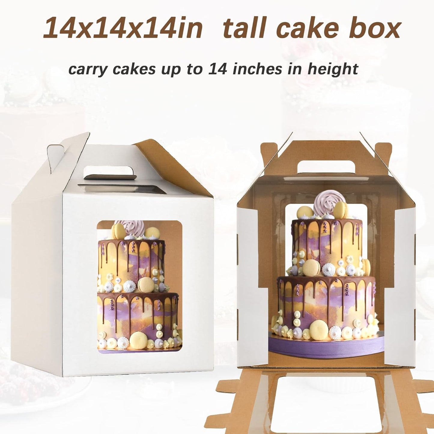 3 Pack 12in Tall Cake Boxes for Tier Cakes, 12x12x14 Inch Tiered Cake Box,Tall Cake Carrier with Window, 10in 12in Large Tierd Bakery Take Out Transport Containers with Handle