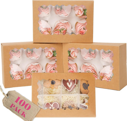 qiqee Auto-pop Up Cupcake Boxes with Window White 40PCS 12 Count Cupcake Box 13"x10"x3.5" Cupcakes Carrier, 12 Cupcake Containers with 2 rolls of pink ribbons