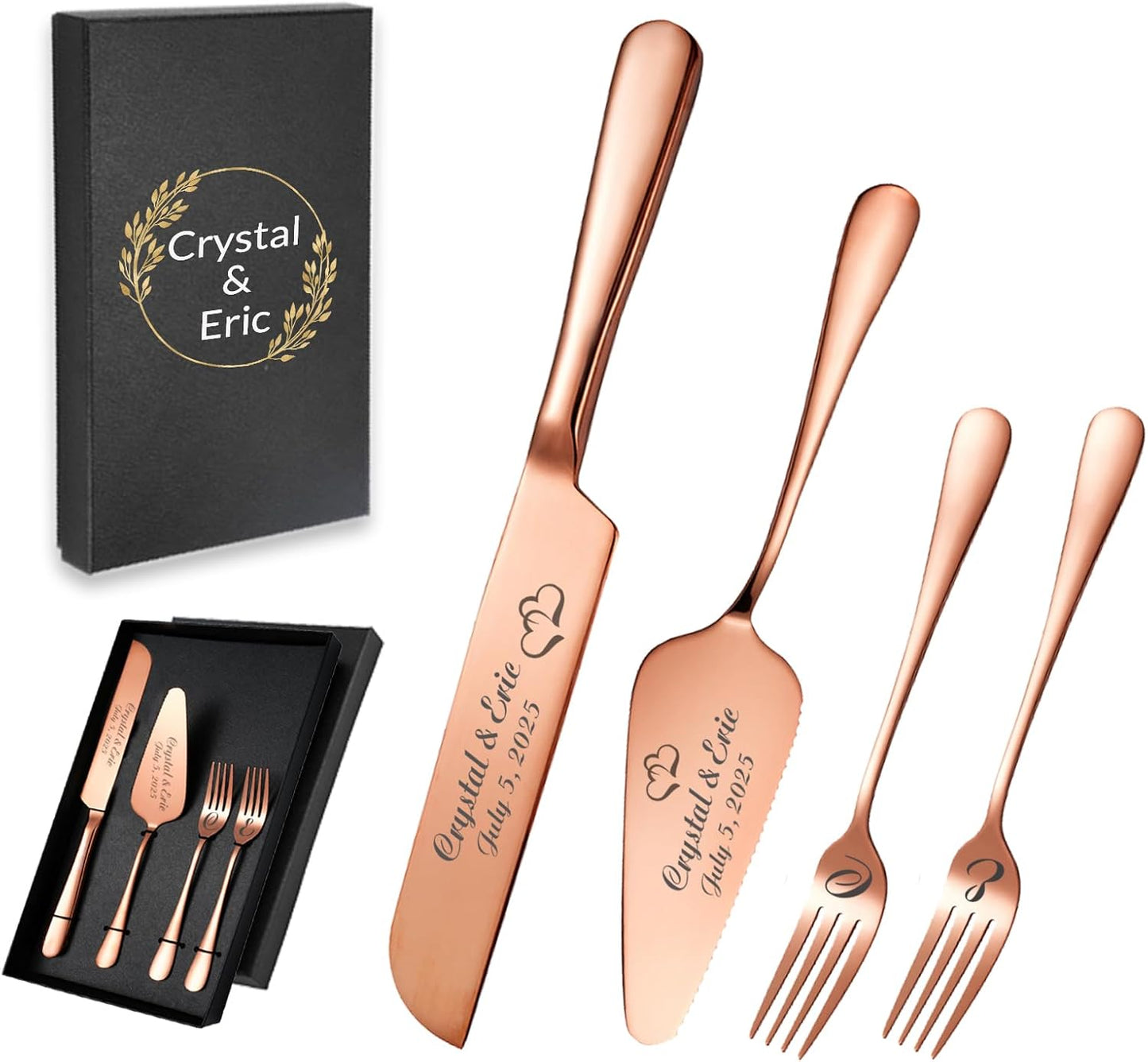 Personalized Wedding Cake Knife and Server Set, Wedding Gold Cake Cutting Set with Stainless Steel Forks, Customized Bridal Anniversary Birthday Wedding Registry Gifts for Couple (Non-customized)