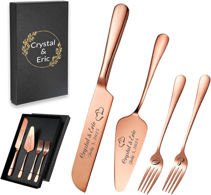 Personalized Wedding Cake Knife and Server Set, Wedding Gold Cake Cutting Set with Stainless Steel Forks, Customized Bridal Anniversary Birthday Wedding Registry Gifts for Couple (Non-customized)