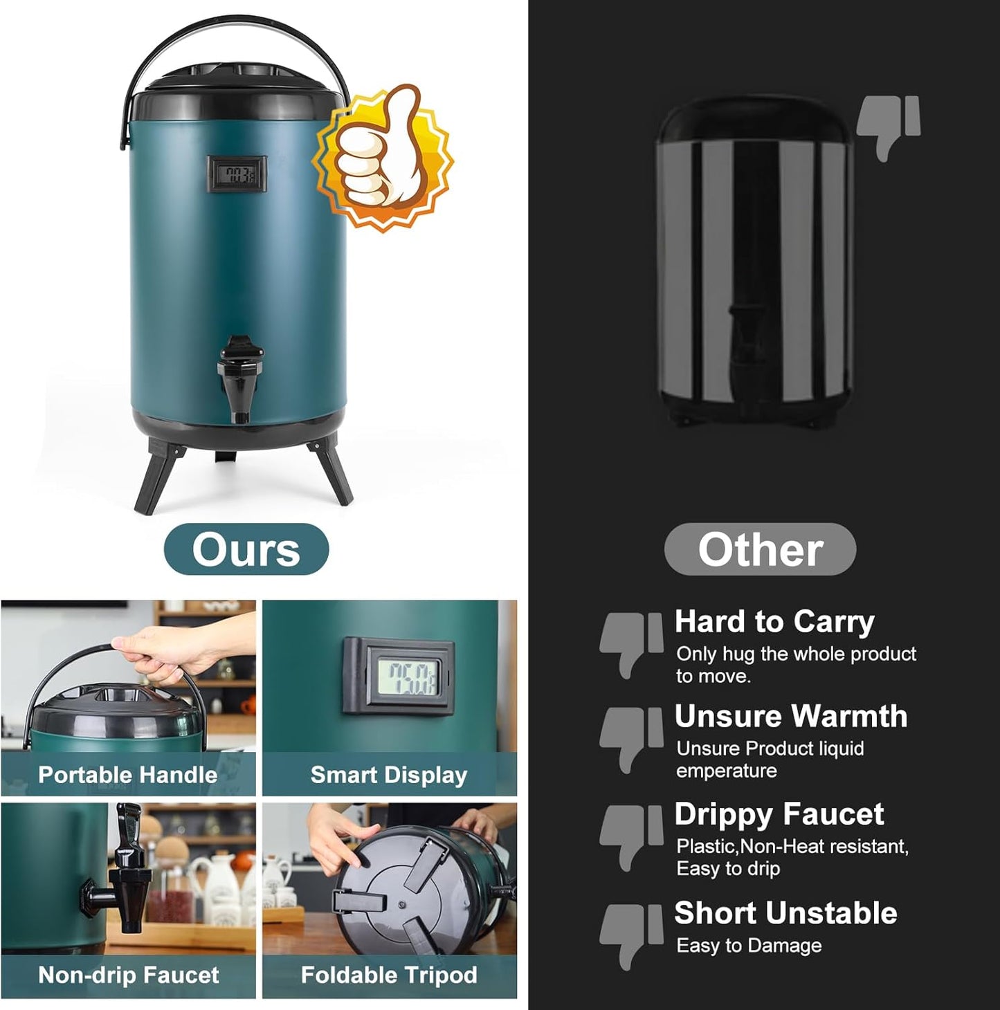 Hot Beverage Dispenser, Stainless Steel Insulated Beverage Dispenser Cold and Hot Drink dispenser with Thermometer– 12 Liters Water Dispenser with Spigot
