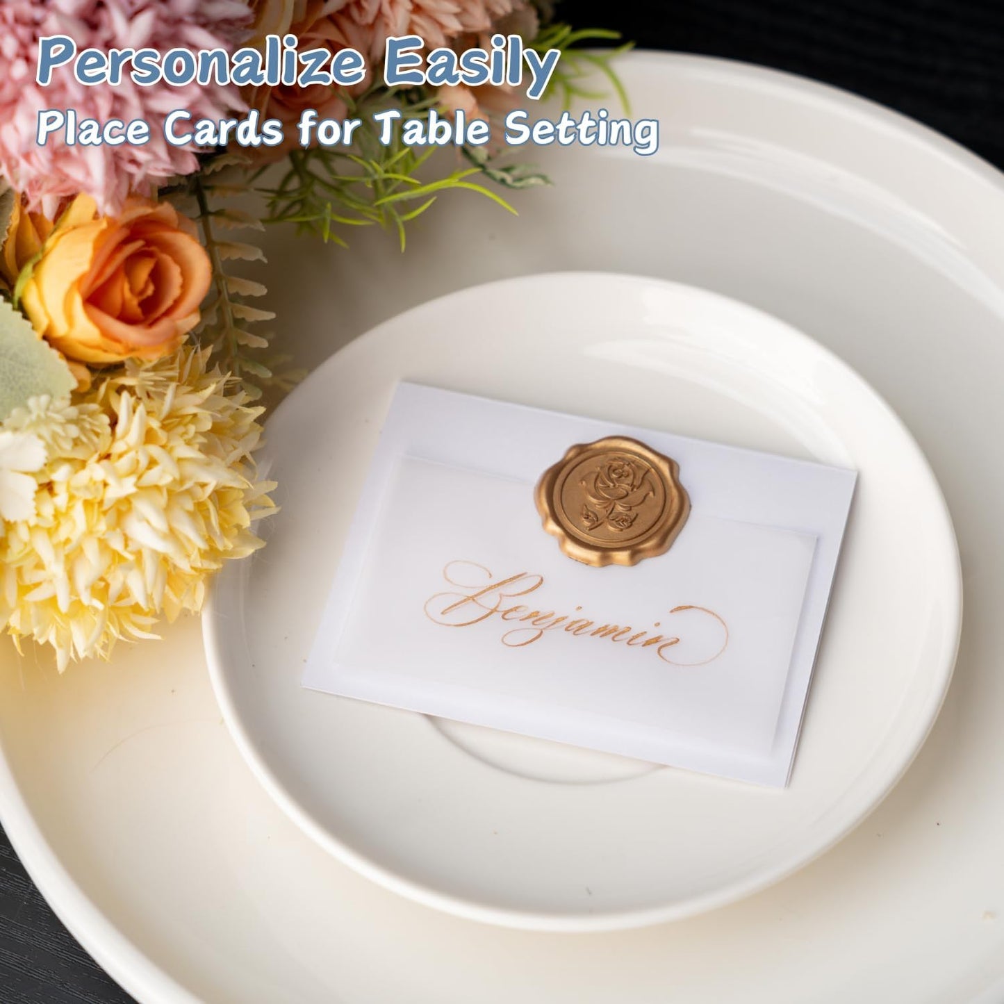 25 Pack Name Cards for Table Setting, Printable Place Cards with Antique Gold Rose Wax Seal Sticker for Wedding, Table Tent Card Stock Decor for Party, Dinner, Home(Pearlized Champagne Gold)