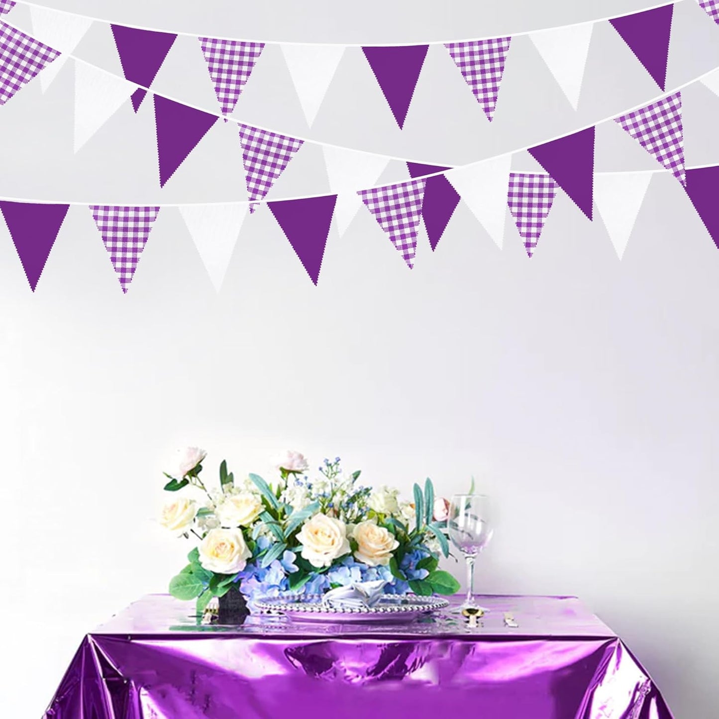 32Ft Dusty Blue Party Decorations Retro Blue Gingham Triangle Banner Flag Pennant Fabric Garland Streamers for Nautical Wedding Birthday Ahoy Achor Bridal Baby Shower Under The Sea Decor Supplies