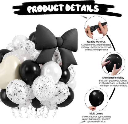 Black White Bow Balloons, 50 Pcs Pearl White Dot Printed Balloons with Black Bow and Cream Heart foil Balloon for Alternative Birthday Party Baby Shower Wedding Bachelorette Party Decorations