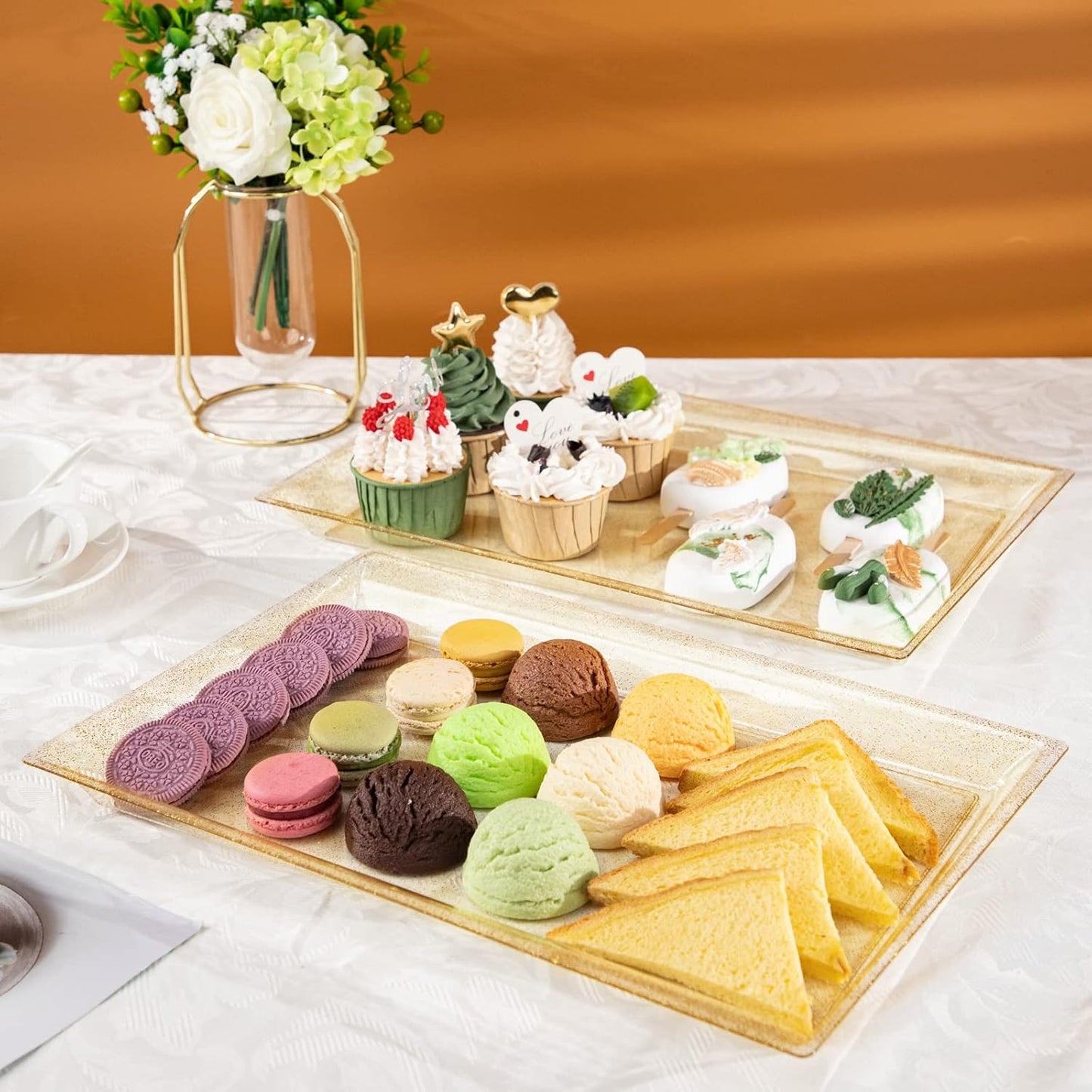 I00000 8 Pack White Plastic Serving Tray, 15" x 10" Rectangle Food Trays, Disposable Serving Platter for Parties, Internal Inclined Design Perfect for Weddings and Party
