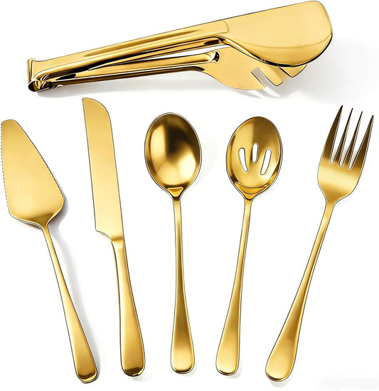 6 PCS Premium Stainless Steel Serving Utensils Set, Large Serving Spoons Slotted Spoons, Forks, Ice Tongs, Cake Server, Soup Ladle, Metal Flatware Set for Buffet Catering Banquet Home Party (Gold)