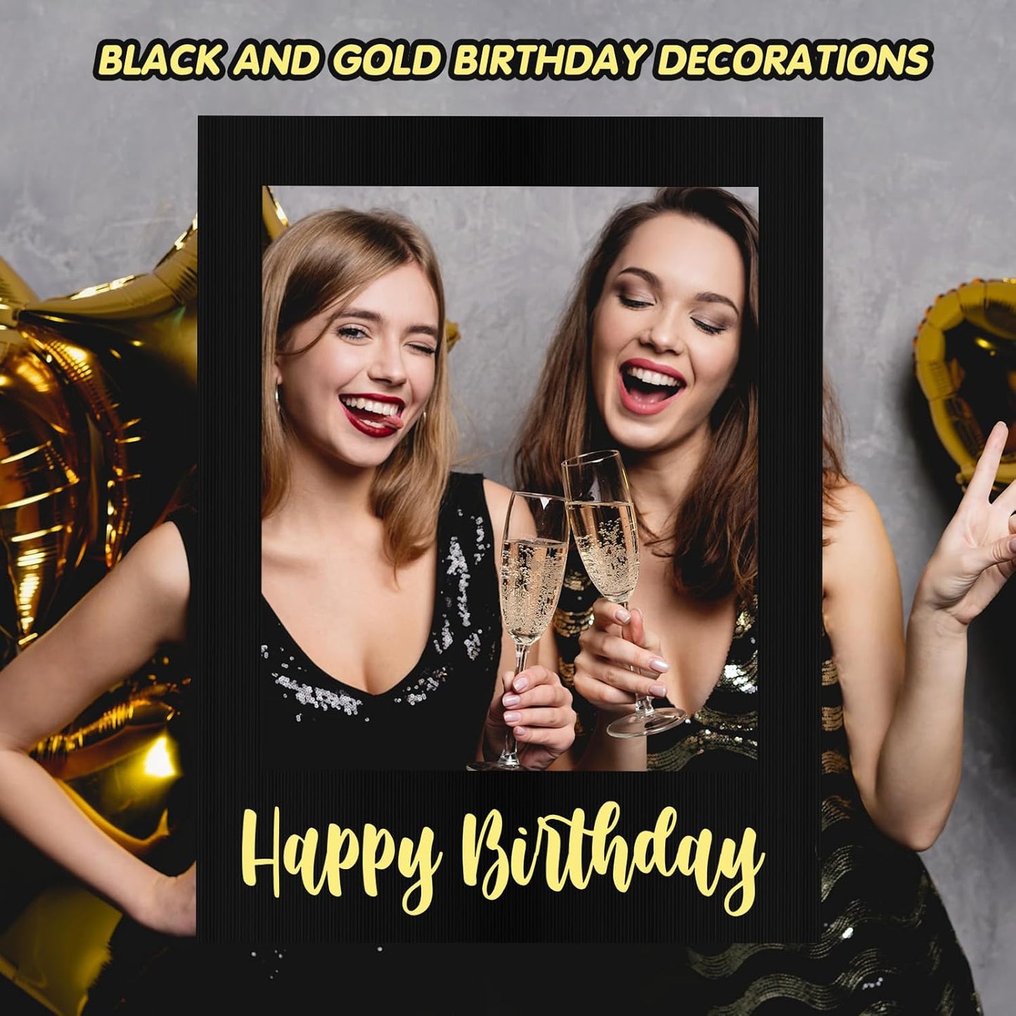 Beeveer 32 x 24 Inch Extra Large Happy Birthday Photo Booth Selfie Frame Props Picture DIY Cutouts Photo Backdrop Cardboard Props for Party Supplies Favors(Vertical,Shiny Gold)