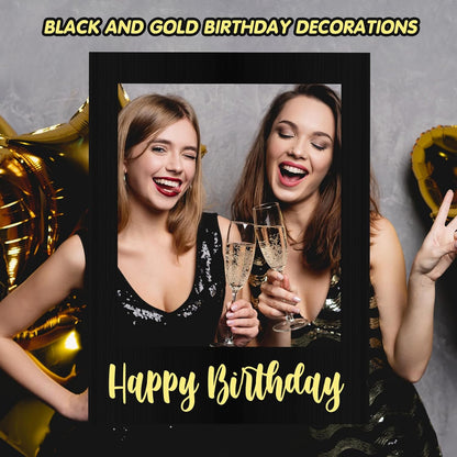 Beeveer 32 x 24 Inch Extra Large Happy Birthday Photo Booth Selfie Frame Props Picture DIY Cutouts Photo Backdrop Cardboard Props for Party Supplies Favors(Vertical,Shiny Gold)