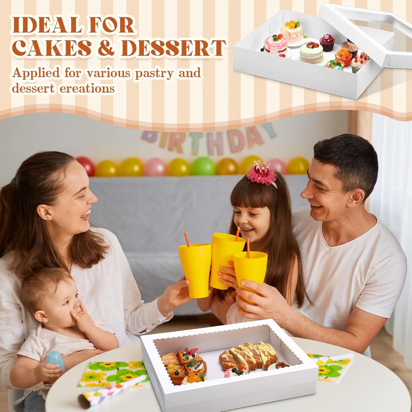 Sinload 10 Pcs 14x10x4 Inch 1/4 Sheet Cake Boxes 5pcs Large Rectangle Bakery Boxes with 5pcs Cake Boards for Pastry Baking, Cupcakes, Donuts, Cookies, Pie Treat Packaging
