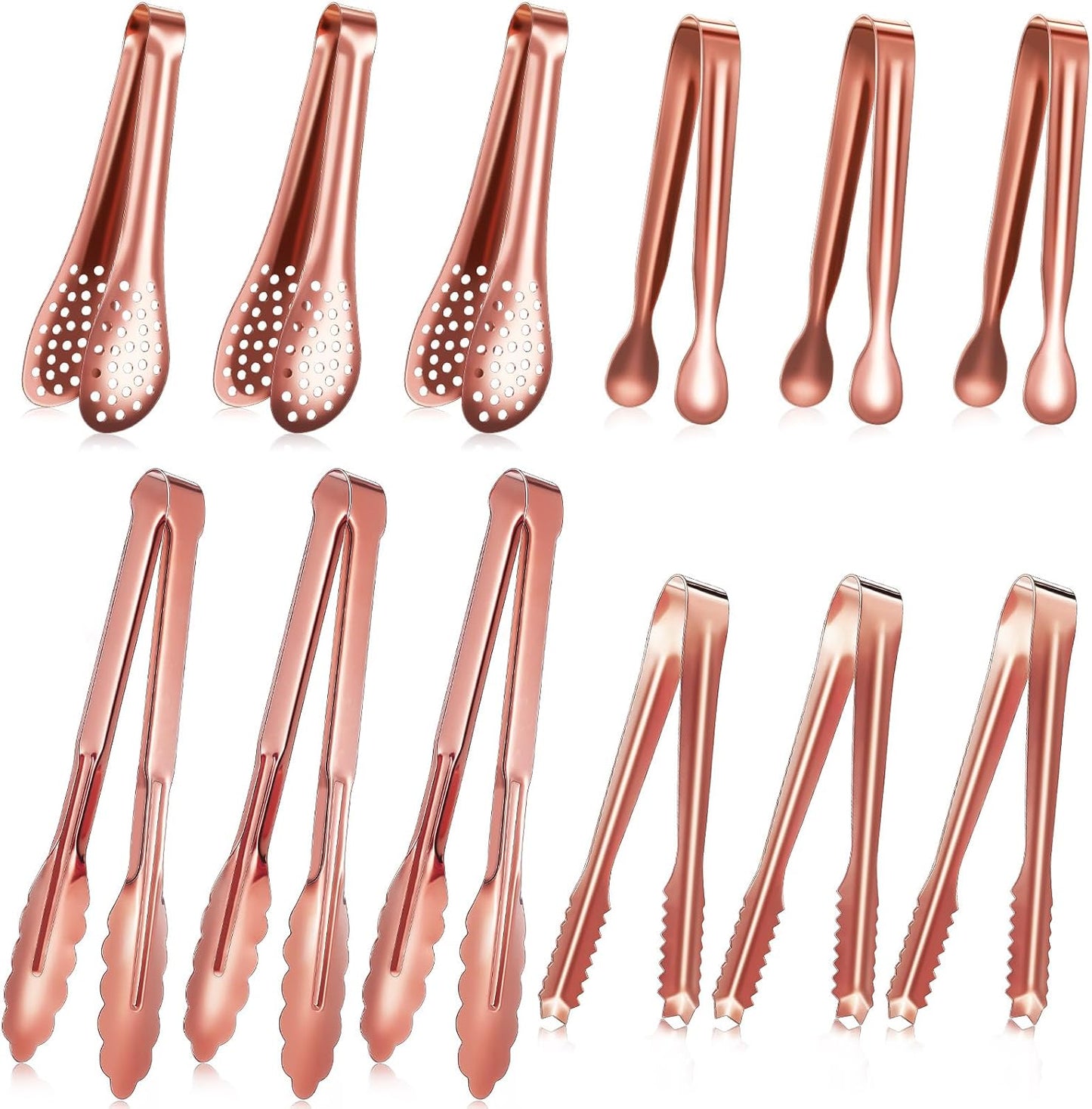 Sawysine 12 Pieces Tongs for Serving Utensils Mini Serving Tong Stainless Steel Appetizer Kitchen Toy Sugar Ice Food Cooking Utensils for Salad Buffet Party, 5 Inch, 9 Inch(Gold)