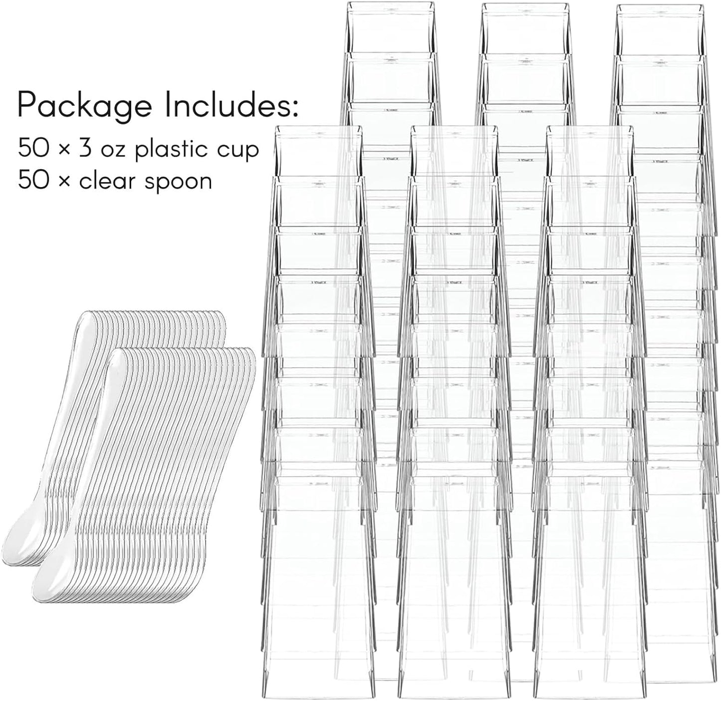 Zezzxu 3 oz Square Mini Dessert Cups with Spoons - 50 Pack Plastic Pudding & Parfait Cups Party Dessert Shooters for Serving Trifle Mousse Cake Appetizers