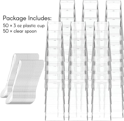 Zezzxu 3 oz Square Mini Dessert Cups with Spoons - 50 Pack Plastic Pudding & Parfait Cups Party Dessert Shooters for Serving Trifle Mousse Cake Appetizers