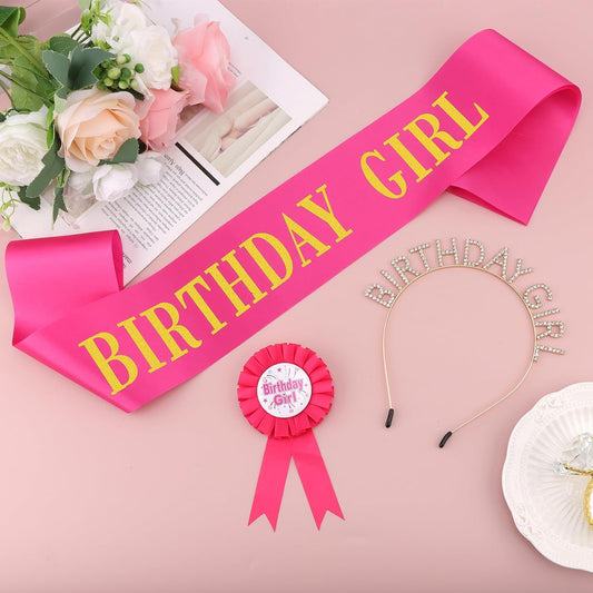 Chanaco Birthday Crown for Women, Girls - Birthday Sash & Tiara Set, Rhinestone Headband - Pink