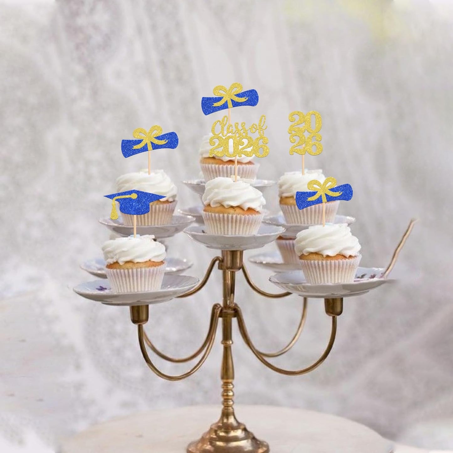 36 PCS 2026 Graduation Theme Cupcake Toppers Glitter Class of 2026 Grad Cap Diploma Cupcake Picks 2026 Graduation Theme Party Cake Decorations Supplies Deep Blue
