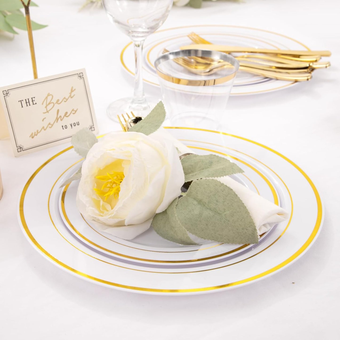 WELLIFE 350-Piece Gold Disposable Plates and Cutlery Set - Premium 10.25" Dinner Plates, 7.5" Dessert Plates, 9oz Cups & Cutlery for Weddings, Catering Events - 50 Guest Service - Elegant & Sturdy
