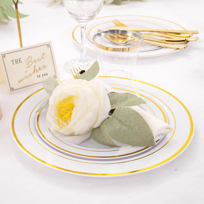WELLIFE 350-Piece Gold Disposable Plates and Cutlery Set - Premium 10.25" Dinner Plates, 7.5" Dessert Plates, 9oz Cups & Cutlery for Weddings, Catering Events - 50 Guest Service - Elegant & Sturdy