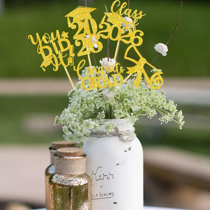 Graduation Centerpiece Sticks 24PCS Glitter Grad Picks Party Table Decor Senior High School College Sign Gold