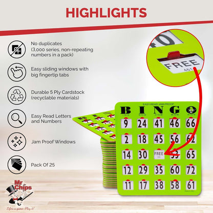 MR CHIPS Jam-Proof Easy-Read Large Print Fingertip Bingo Cards with Sliding Windows - Green 10 Pack - for Seniors, Nursing Homes & Large Groups