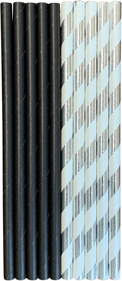 500 Count | Kingseal FSC Certified Paper Cocktail Straws, Unwrapped, 6mm x 5.75 Inches, Silver Stripe, Biodegradable, Earth Friendly, Bulk Pack - 1 Box of 500 Straws