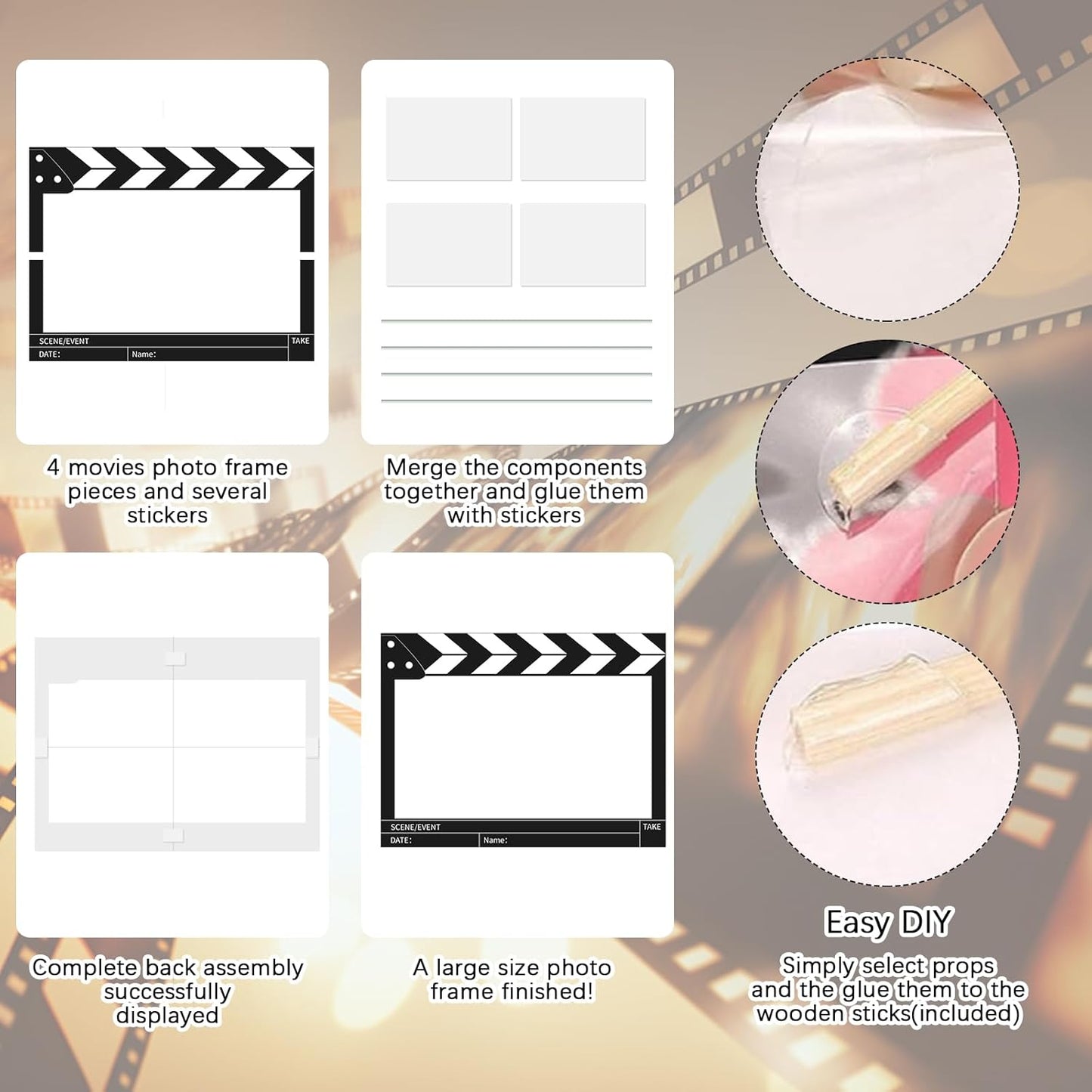 32Pcs Movie Night Photo Booth Props with 23X31Inch Plastic Picture Frame Selfie Props DIY Pictures Frame with Cutouts Stickers for Birthday Party Supplies