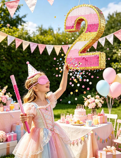 Number 5 Piñata with Stick, Blindfold & Confetti-Pink Piñata for Birthday Parties, Complete Party Game Set for Kids Girls-Gradient Pink Birthday Decor with Fillable Design(Small, 16.5 x 11.5 x 3 In)