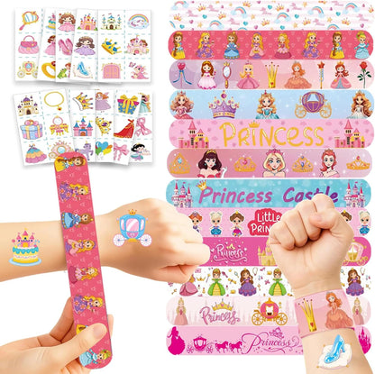 84 pcs Princess Birthday Party Supplies Favors, 24PCS Slap Bracelets and 60PCS Pre-Cut Temporary Tattoos, Goodie Bag Stuffers, Princess Celebrations Party Supplies