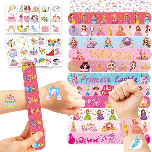 84 pcs Princess Birthday Party Supplies Favors, 24PCS Slap Bracelets and 60PCS Pre-Cut Temporary Tattoos, Goodie Bag Stuffers, Princess Celebrations Party Supplies