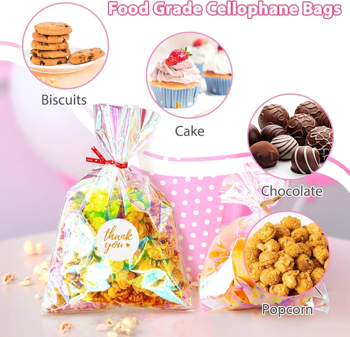 Cellophane Treat Bags, 5x7 Inch Iridescent Cellophane Bags with Thank You Stickers and Twist Ties, Celebrations Baby Showers Weddings Birthday Party Gift Wrapping(Pack of 100)