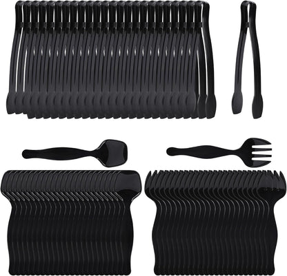 75 Pcs Plastic Serving Utensils, Disposable Black Heavy Duty Serving Spoons, Forks, and Tongs for Parties, Buffets, Banquets, Weddings, Birthdays, and Daily Use