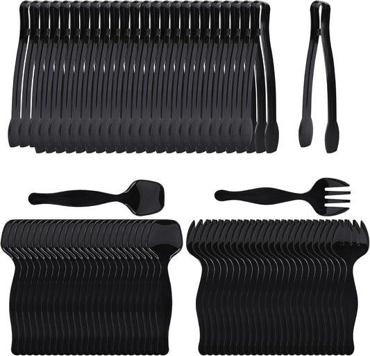 75 Pcs Plastic Serving Utensils, Disposable Black Heavy Duty Serving Spoons, Forks, and Tongs for Parties, Buffets, Banquets, Weddings, Birthdays, and Daily Use