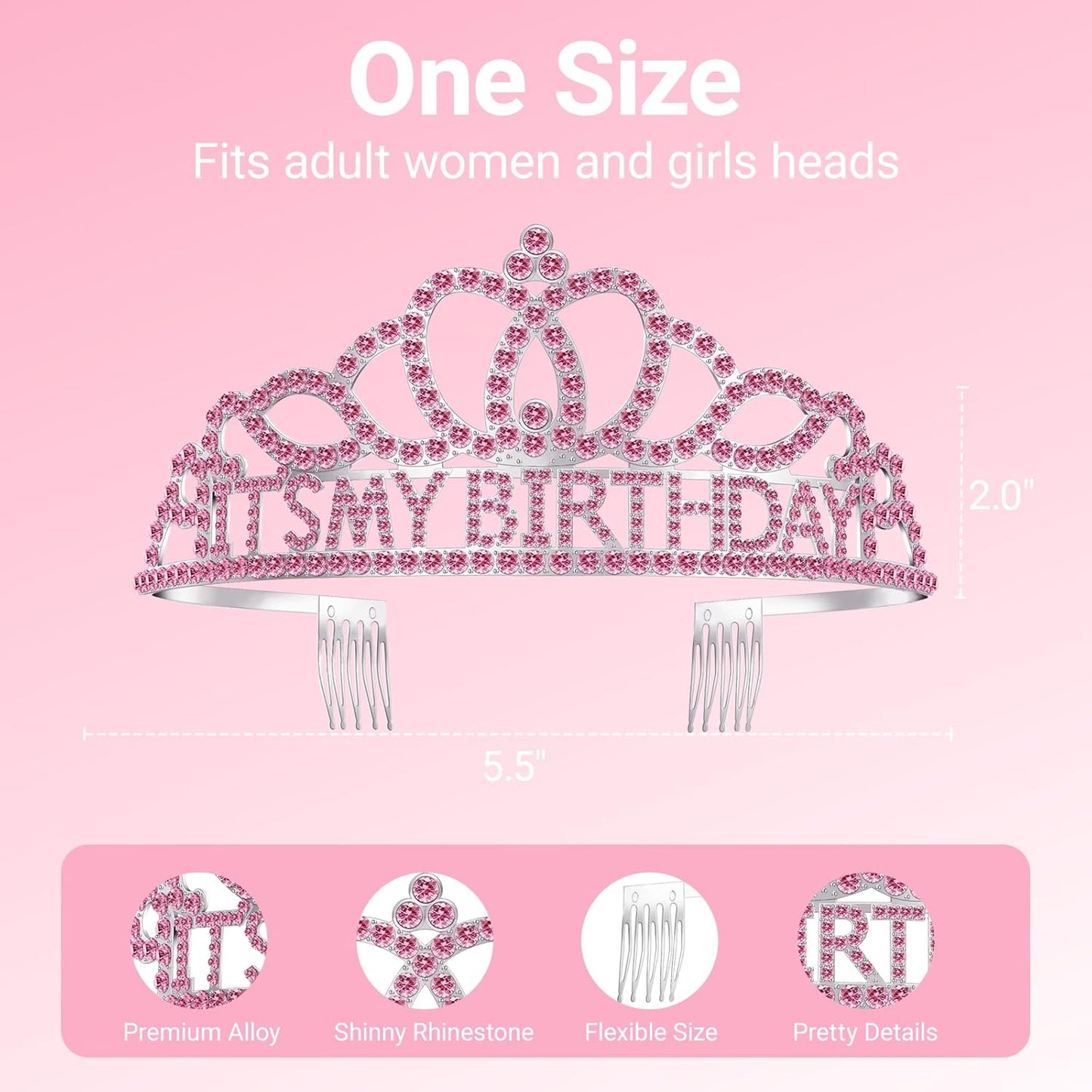 Birthday Tiara and Crown with Sash, Birthday Tiara for Women Party Silver