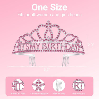 Birthday Tiara and Crown with Sash, Birthday Tiara for Women Party Silver