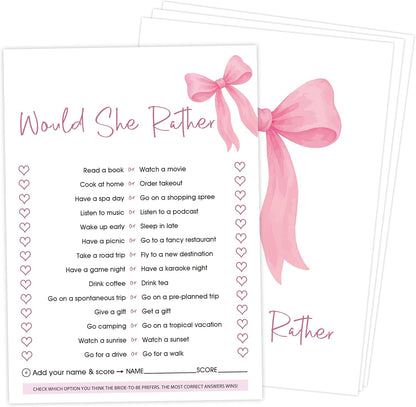 Pink Bow Bridal Shower Bingo Game with Blank Squares, Pack of 30 Game Cards, Bridal Shower Decorations, Wedding Engagement Decor, Bachelorette Party Supplies - KR05