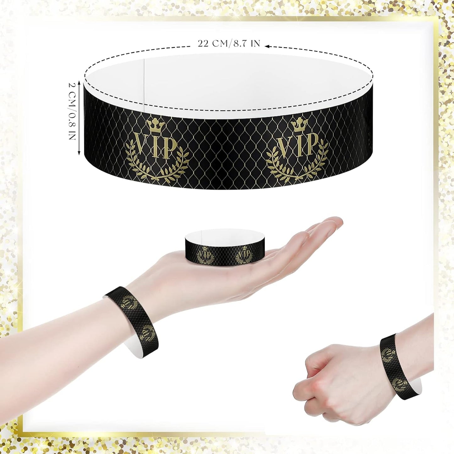 Jadive 500 Pieces Paper Wristbands VIP Plastic Waterproof Party Identification Wristbands Party Bracelets for Events Amusement Parks, Club, Concerts, Fairs, Festivals and Events(Black, Gold)