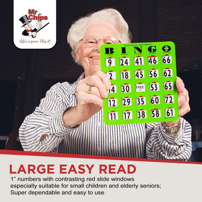 MR CHIPS Jam-Proof Easy-Read Large Print Fingertip Bingo Cards with Sliding Windows - Green 10 Pack - for Seniors, Nursing Homes & Large Groups