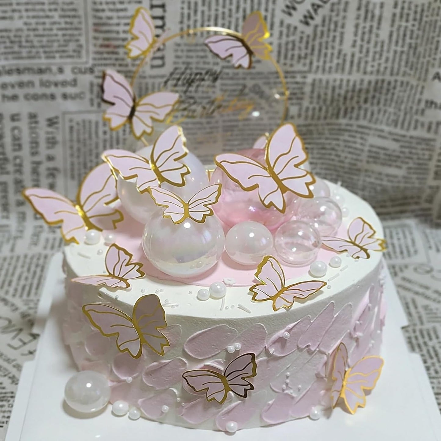 Pink Butterfly Cake Toppers, 11pcs Cupcake Toppers Happy Birthday Metal Gold Topper for Girls Women's Party Decorations