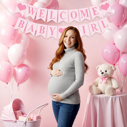 Hahafelt 1 Pcs Blue Gingham Welcome Baby Boy Banner for Baby Shower Party Decorations Pre Strung Gender Reveal Paper Banner for Table, Wall, Mantel Display Party Decor Supplies