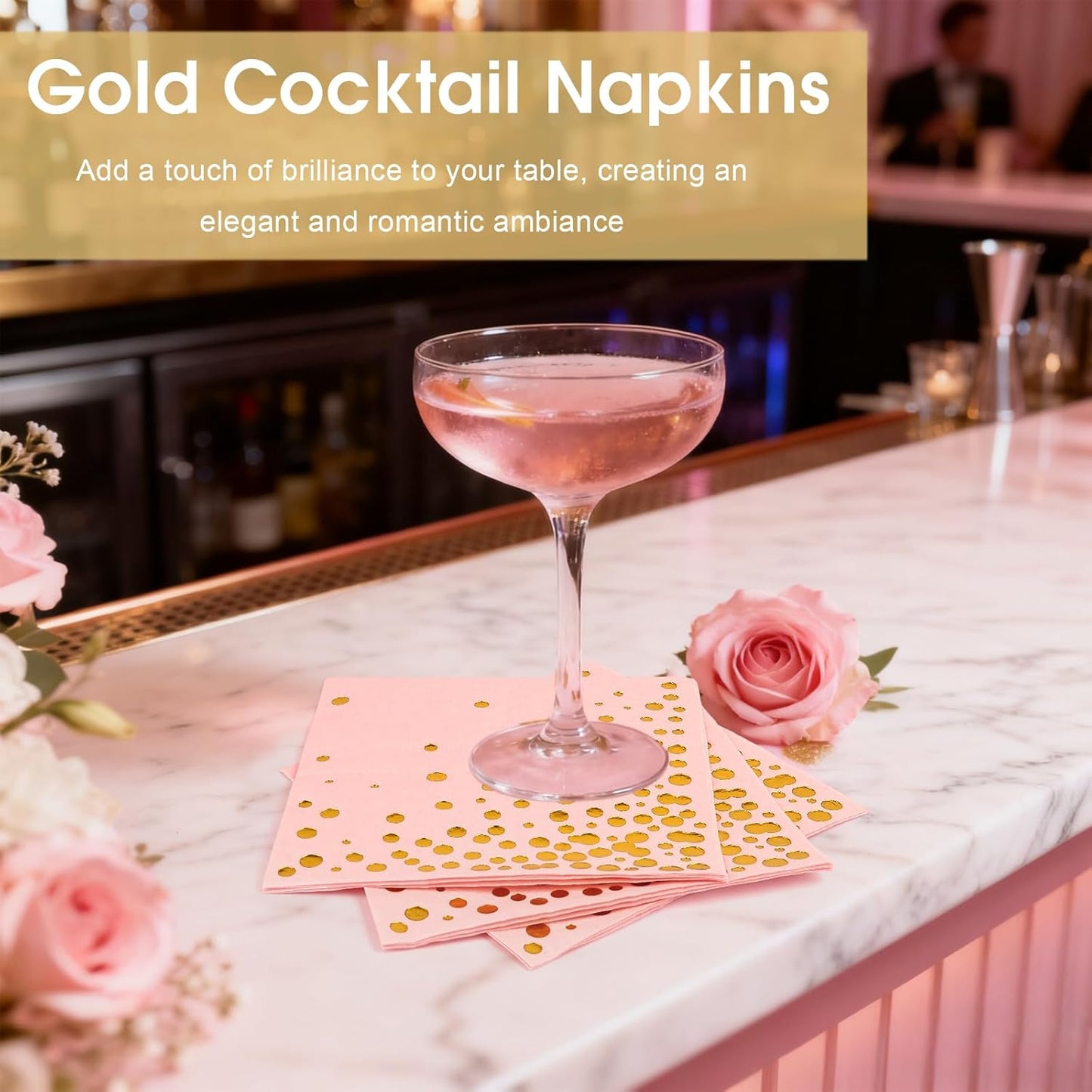 100 Pcs Gold Cocktail Napkins, 3-Ply Party Paper Napkins, 5 x 5 Inches Bar Napkin Disaposable for Weddings, Birthdays, Baby Showers, Anniversaries, and Cocktail Parties (White)