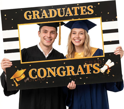 Class of 2026 Graduation Photo Booth Frame 26.8 x 18.9 Inch Black Gold Hollow Board Selfie Prop for High School College Grad Party Decor