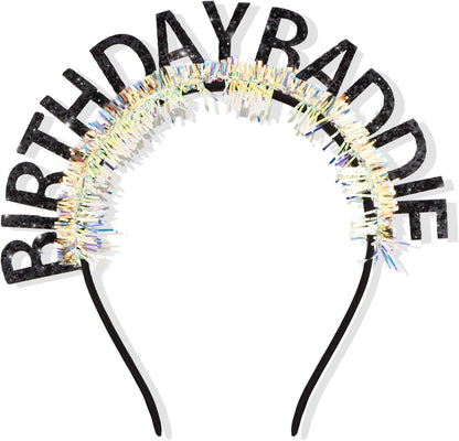 Birthday Baddie Glitter Headband and Sash Set, Black with Iridescent Tinsel, Birthday Party Accessories