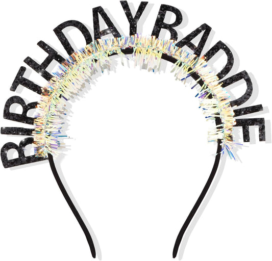 Birthday Baddie Glitter Headband and Sash Set, Black with Iridescent Tinsel, Birthday Party Accessories