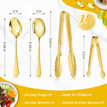 Mwellewm 18Pcs Serving Utensils, Serving Spoons for Buffet, Serving Tongs for Food, Slotted Spoons, Stainless Steel Banquet Cutlery Set for Parties Weeding Birthday Entertaining Catering(Silver)