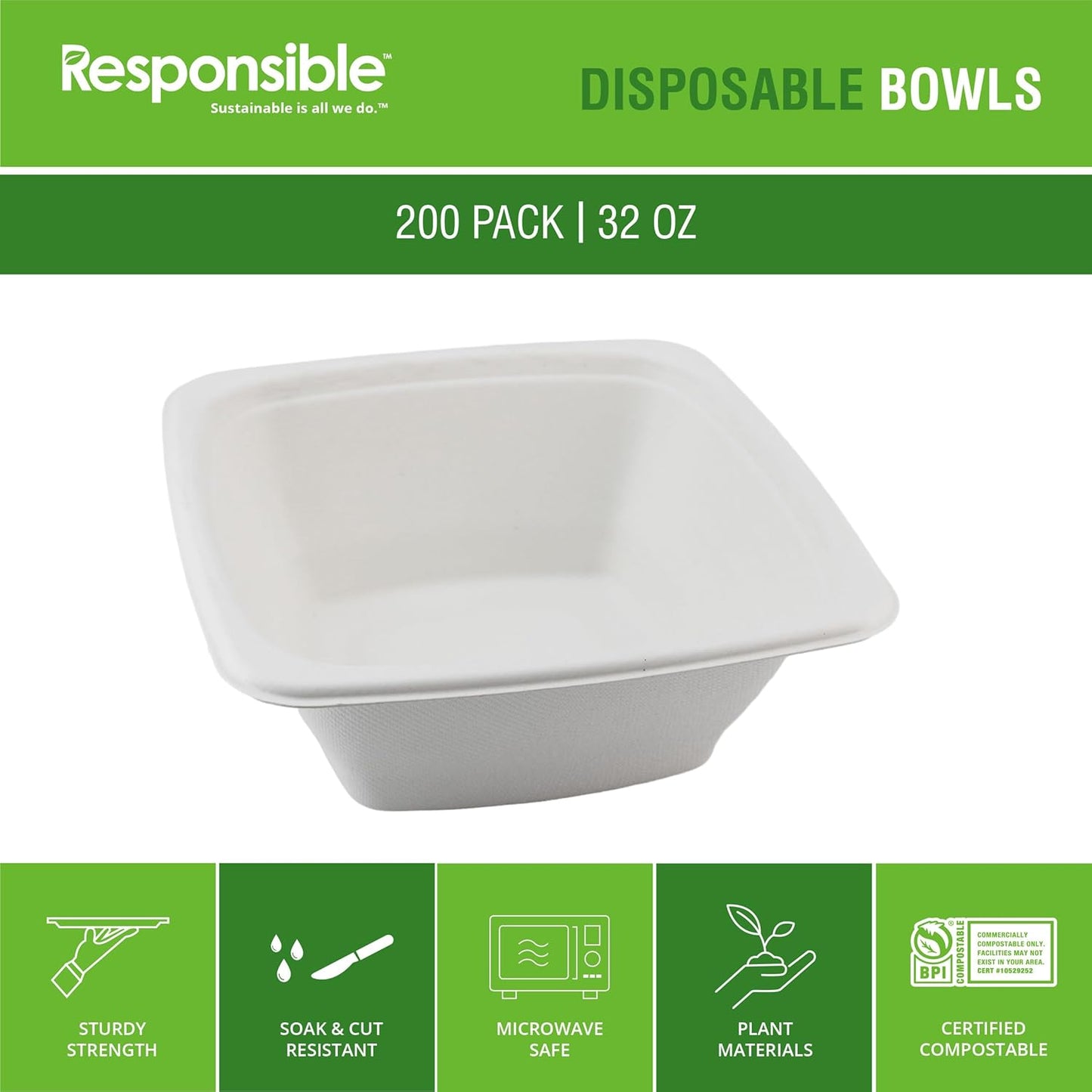 Responsible Products 100% Compostable Square Serving Bowls, 48 oz Disposable Paper Bowls, Microwave Safe, Freezer Safe, Soup Safe, No Plastic, Eco-Friendly, Tree-Free, No PFAS. White (50 Count)