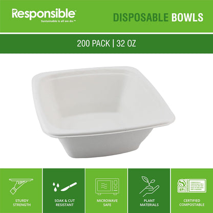 Responsible Products 100% Compostable Square Serving Bowls, 48 oz Disposable Paper Bowls, Microwave Safe, Freezer Safe, Soup Safe, No Plastic, Eco-Friendly, Tree-Free, No PFAS. White (50 Count)