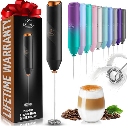 Zulay Kitchen Powerful Milk Frother AA Batteries Included – Ultra Fast Handheld Drink Mixer with Stainless Steel Whisk Stirrer for Coffee, Protein, Matcha & More, Frother Wand Electric Frothmate Black - Colors E