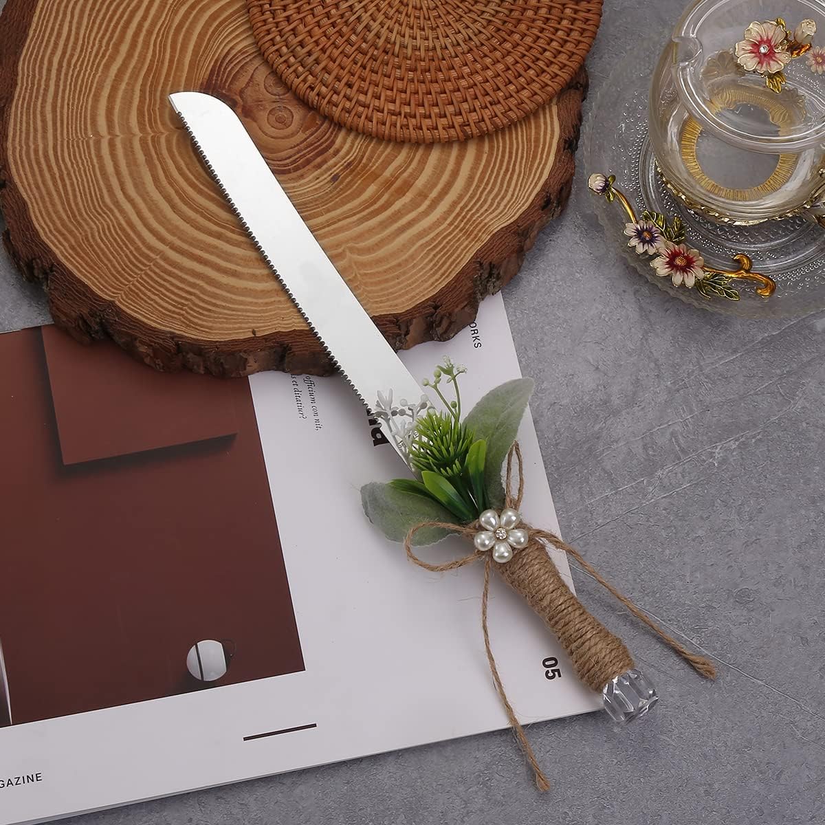 TANG SONG Rustic Style Stainless Steel Wedding Cake Knife and Serving Set Resin Plastic Handle with Artificial Green Leaf shape Design