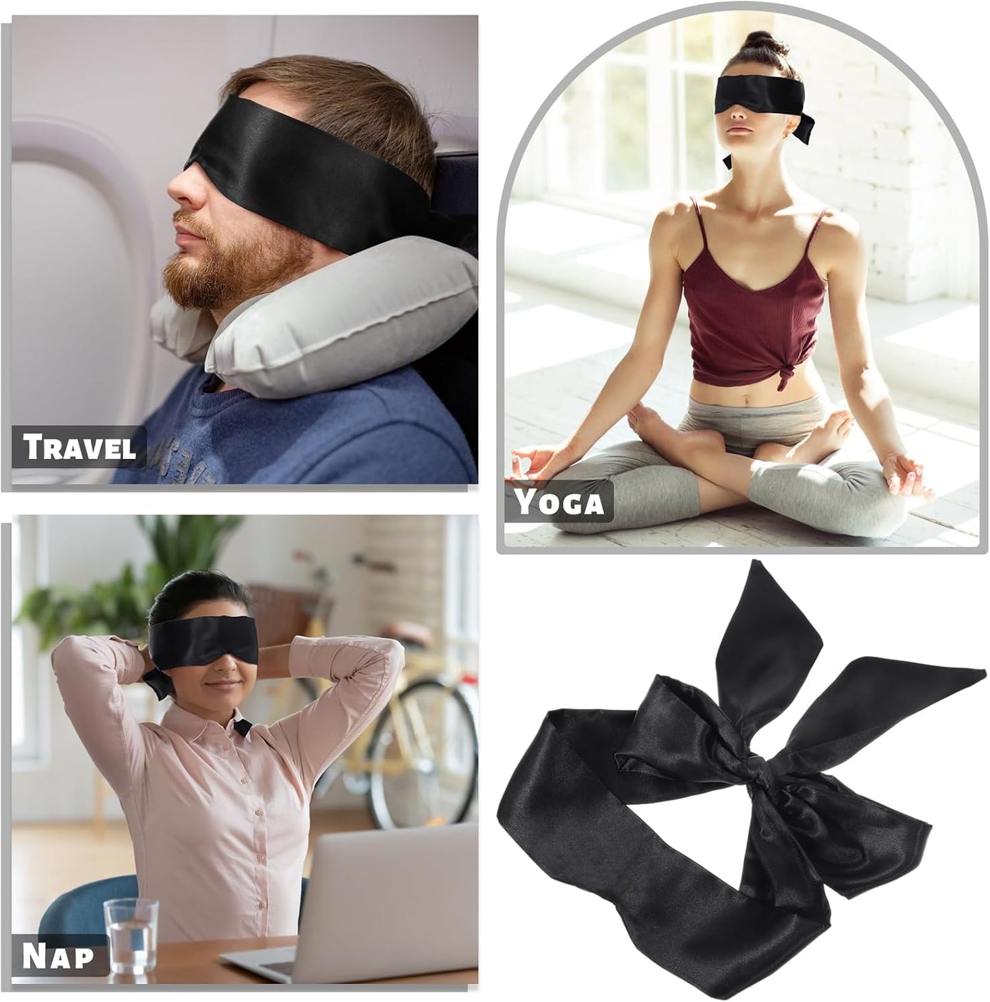 2Pcs Satin Eye Mask Sleep Mask, Adjustable Blindfold Soft Satin Eye Covers Gift for Travel, Nap, Meditation,157cm/62inch (Black+Pink)